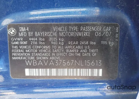 2007 BMW 328I из США, поврежденный, VIN WBAVA37567NL15613